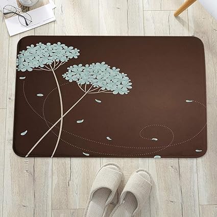 Badezimmerteppich mit Memory Foam,Braunes und blaues Blumenmuster mit