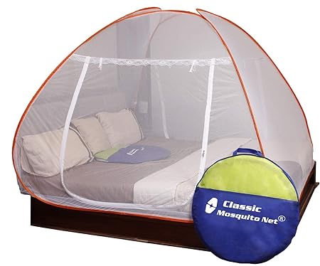 Classic Mosquito Net Foldable King Size Double Bed With Saviours - (Orange)