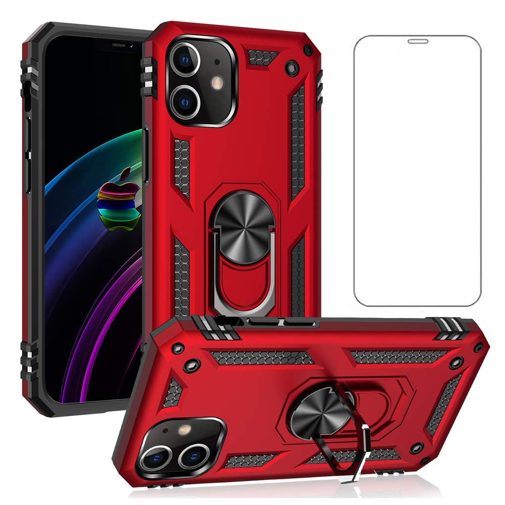 Asuwish Compatible with iPhone 12 Mini Case 5.4 inch and Tempered Glass Screen Protector Magnetic Stand Ring Holder Hard Shockproof Accessories Phone Cases for iPhone12mini i 12s iPhone12 12mini Red