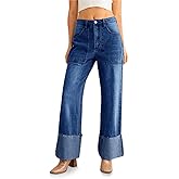 PLNOTME Womens Baggy Cuffed Jeans Casual Straight Leg Boyfriend Denim Pants with Pockets