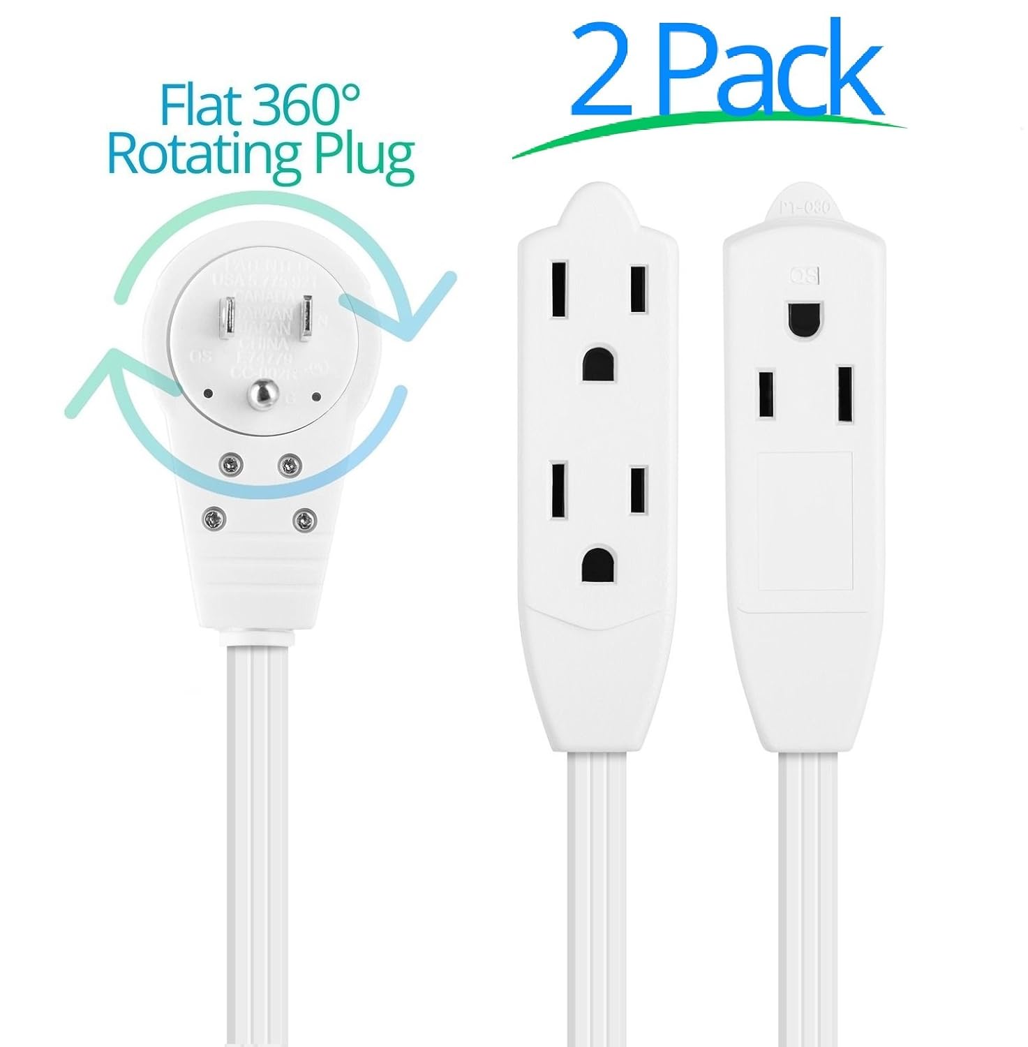 Maximm Cable 6 Ft 360° Rotating Flat Plug Extension Cord/Wire, 16 AWG Multi 3 Outlet Extension Wire, 3 Prong Grounded Wire - White - UL Listed, 2 Pack