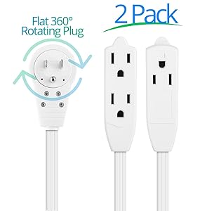 Maximm Cable 6 Ft 360° Rotating Flat Plug Extension Cord/Wire, 16 AWG Multi 3 Outlet Extension Wire, 3 Prong Grounded Wire - White - UL Listed, 2 Pack