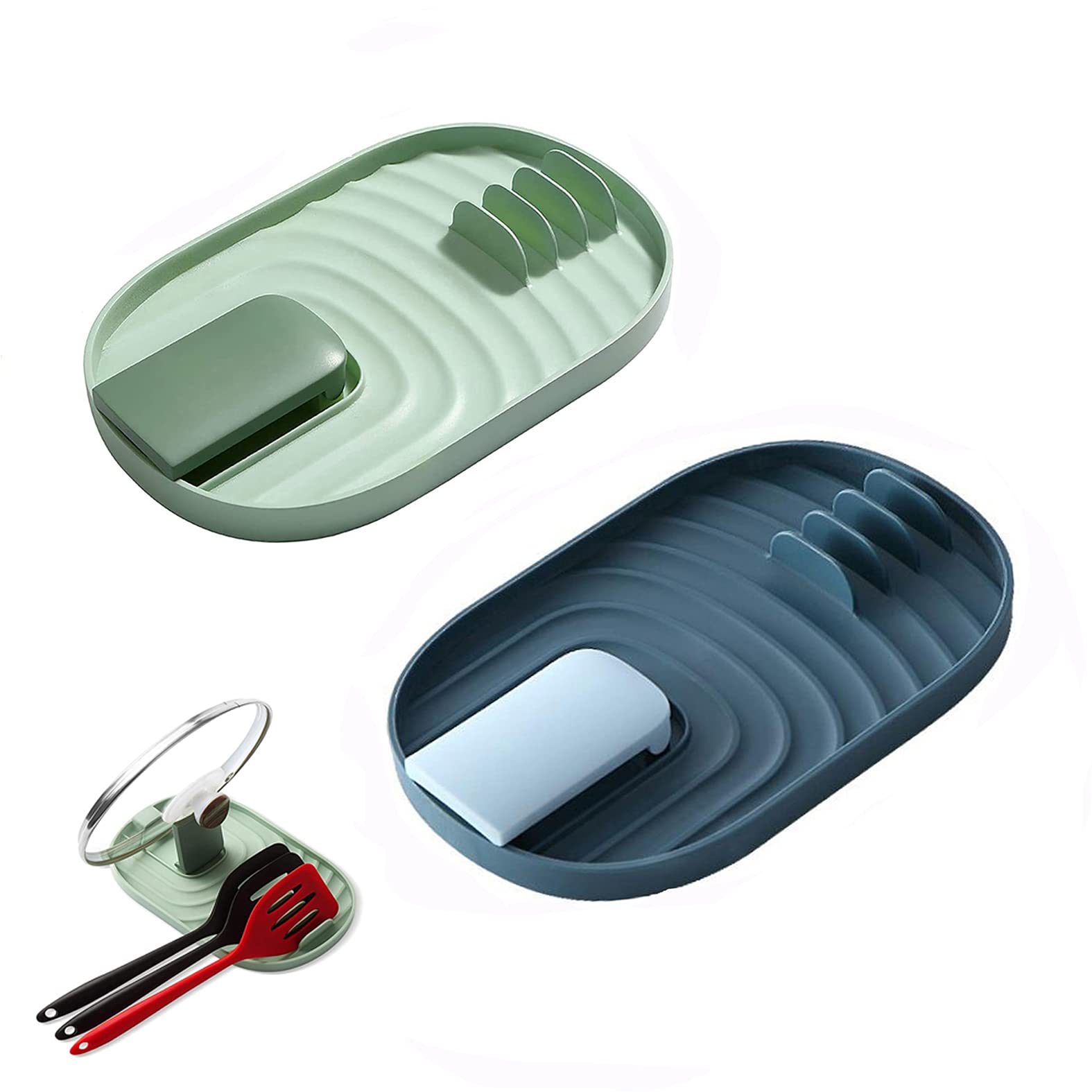 2 Pieces Pan Lid and Spoon Holder, Kitchen Utensil Shelf, Pot lid Shelf, Spoon Tray Shelf, Pot lid Holder and Cutlery Tray to Avoid Dripping Stains (Blue and Green)