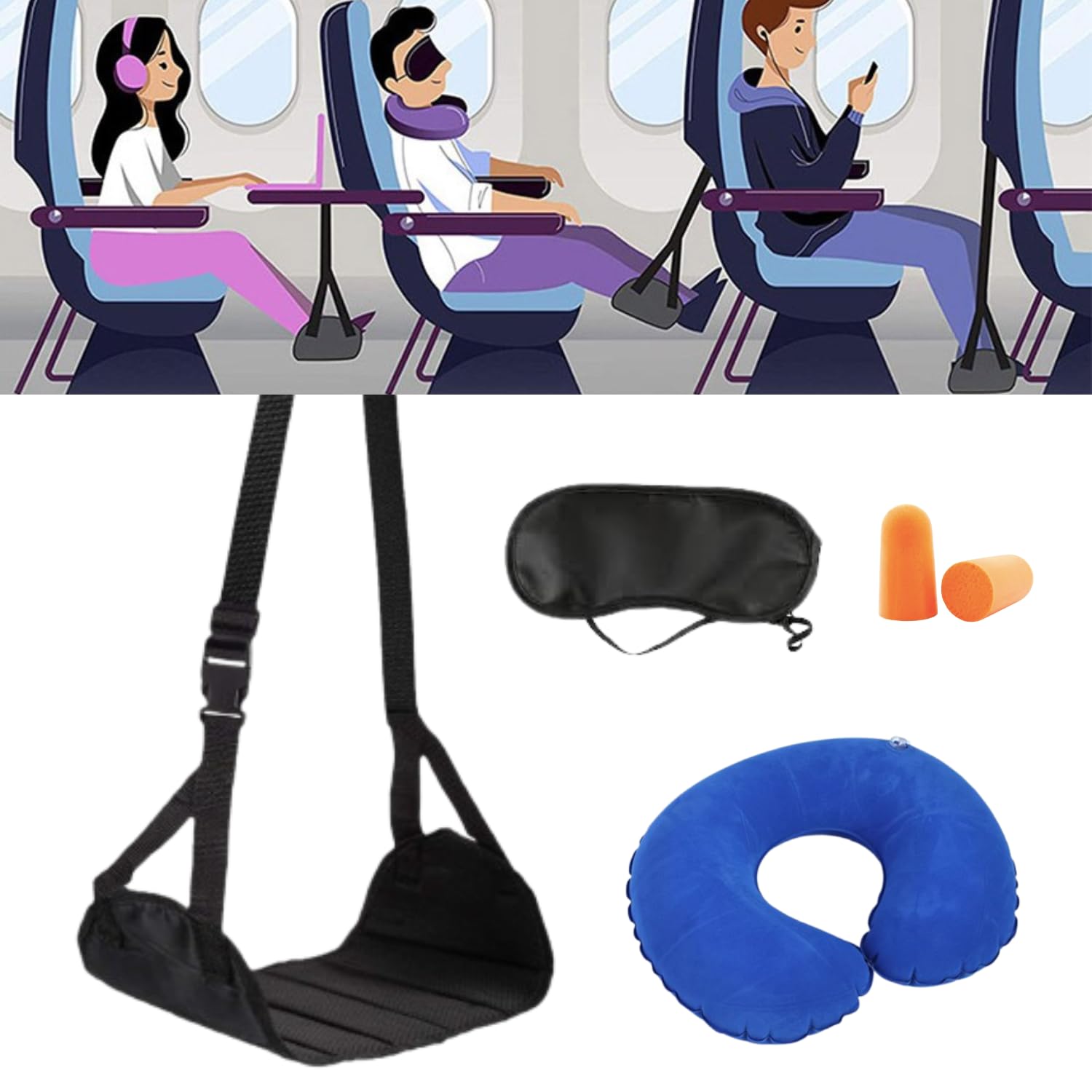 Photo 1 of X-Zeofal 4-in-1 Foot Hammock Set: Foot Hammock, Inflatable Pillow, Eye Mask, Earplugs for Travel, Work, Rest
