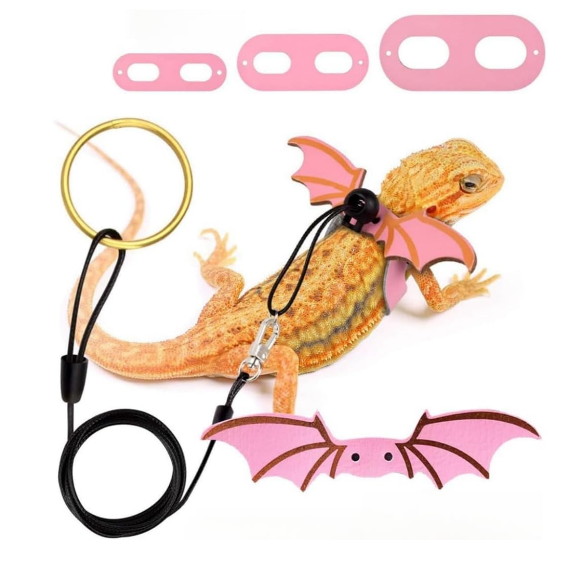 Adjustable Bearded Dragon Leash Harness,3 Size Pack Soft Leather Harness Lizards Leash with Wing for Small Medium and Large Lizard Reptiles Amphibians Animals (Pink)