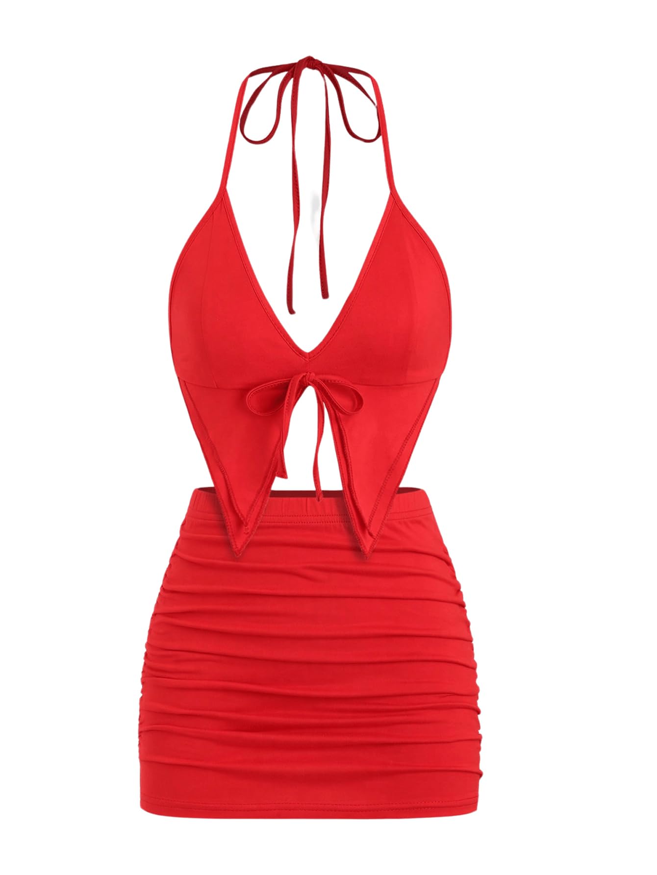 Photo 1 of SHENHE Women's Y2k 2 Piece Sexy Outfits Backless Halter Crop Top and Ruched Bodycon Mini Skirt Set Red Large