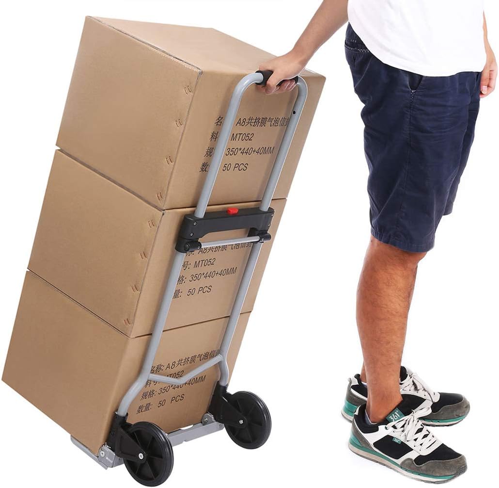 Simlive Folding Hand Truck Aluminium 100kg/220lbs Heavy Duty Hand Sack Trolley with 2 Wheels for Indoor Outdoor Travel Shopping Use (Silver)