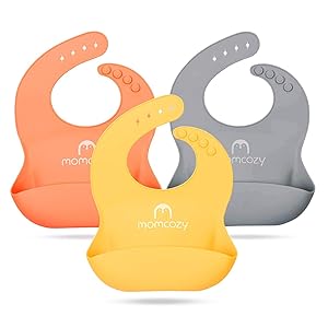 Momcozy Baby Silicone Bibs Easily Clean Set of 3, Soft Adjustable Toddler Silicone Bibs for Babies Girl and Boy, Waterproof, Orange Yellow and Grey
