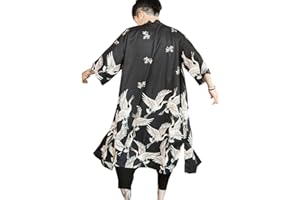 Seidarise Men's Long Kimono Cardigan Jacket Japanese Style Flying Crane Open Front Coat