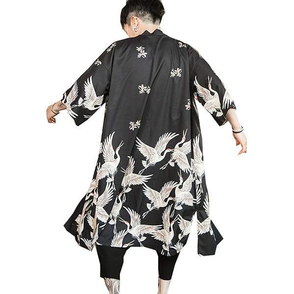 thumbnail image 2 of Women's Casual Black Floral Kimono Coat – Loose Fit Japanese Yukata Style Outwear 2 of 5