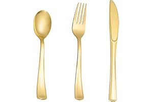 N9R 200PCS Gold Plastic Silverware Set, Heavy Duty Spoons and Forks Silver Plastic Cutlery Including 100pcs Forks, 50pcs Spoons, 50pcs Knives, Disposable Silverware for Party,Wedding, and Everyday Use