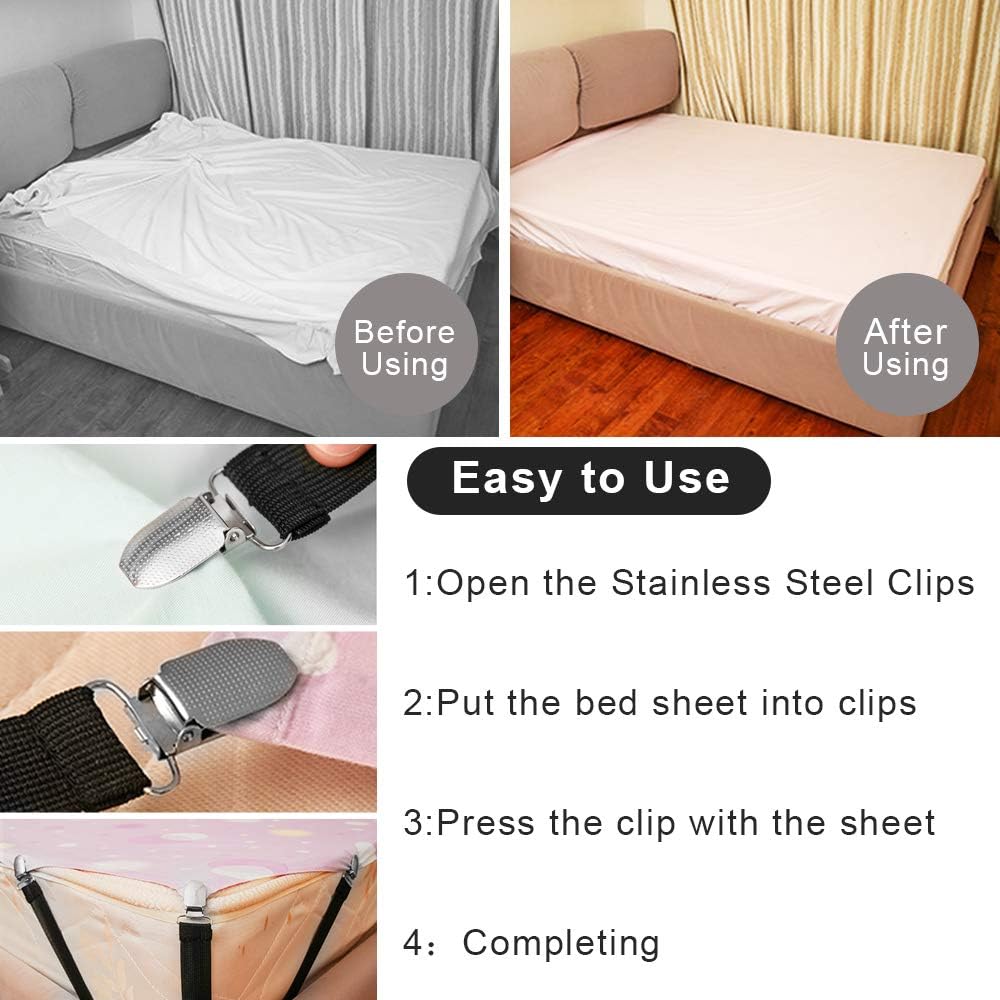 JINGMAX Bed Sheet Holder Clips,4pcs Adjustable Bed Sheet Straps, Triangle Elastic Mattress Sheet Clips with Durable Grippers Clips Keeping Sheet in Place (4PCS Black): Home & Kitchen