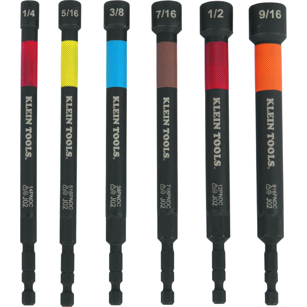 Photo 1 of Klein Tools 32930 SAE Magnetic Impact Nut Setter Set, 6-Piece Color Coded Power Nut Driver with Extended Reach, 6 SAE Sizes