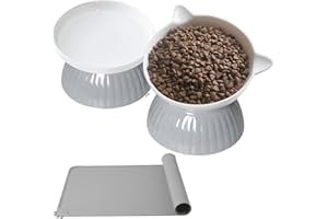 DDMOMMY 2 Pcs Ceramic Elevated Cat Bowls with Non Slip Mat, Tilted Elevated Raised Cat Food and Water Bowl Set Anti Vomit Cat Bowls for Indoor Cats Whisker Stress-Free Water Dish Feeder for Cats Small Dogs