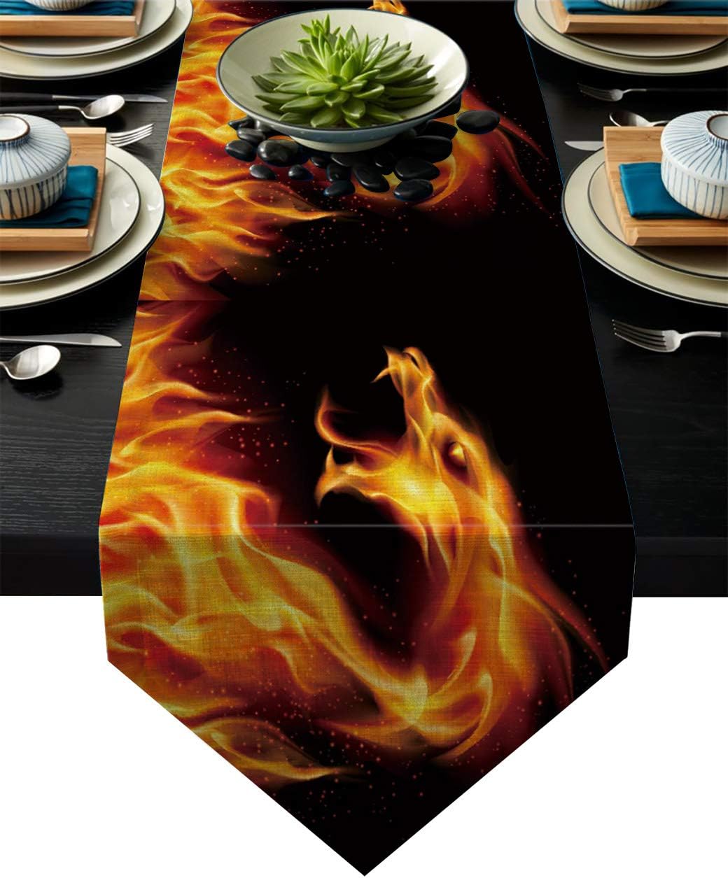 Dining Table Runner 14 x 72 Inch, Dragon Abstract Fiery Creature on Black Background Legendary Fantastic Asian Illustration Table Runners for Morden Stylish Wedding Party Holiday Table Setting Decor