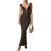 SOLY HUX Women's Maxi Dress Crochet Ruffle Sleeveless Backless Bodycon Long Dresses