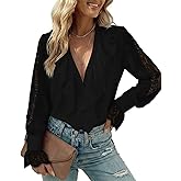 CHICME Women’s V Neck Button Down Shirt Long Sleeve Chic Blouse Top with Lace Patchwork Ruffle Detail