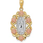 Our Lady of Guadalupe Pendant with Rose Gold Flower Border in Real 14k Tri-Color Gold