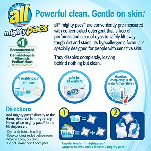 all Mighty Pacs Laundry Detergent, Free Clear for Sensitive Skin, Unscented, Tub, 67 Count - Image 2