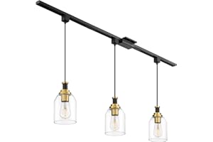zeyu 3-Light H-Type Track Lighting Pendants, Modern Track Lighting Fixtures, Hanging Track Lighting for Kitchen Island, Clear Glass Shade, Black and Gold Finish, ZG33TP-3 BK+BG