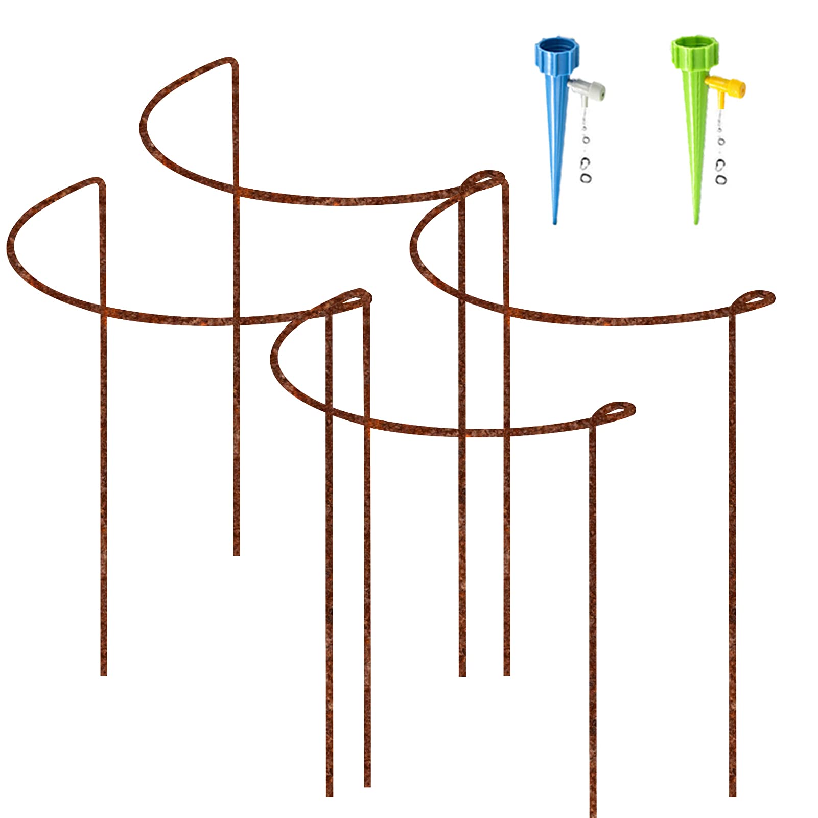 4 Pack Rusty Bow Plant Support Stakes, Half Round Natural Rust Flower Support Ring Cage Frame with 2 Self Watering Spikes, Rusted Metal Interlinking Garden Border for Peonies, Hydrangea(21x35cm)