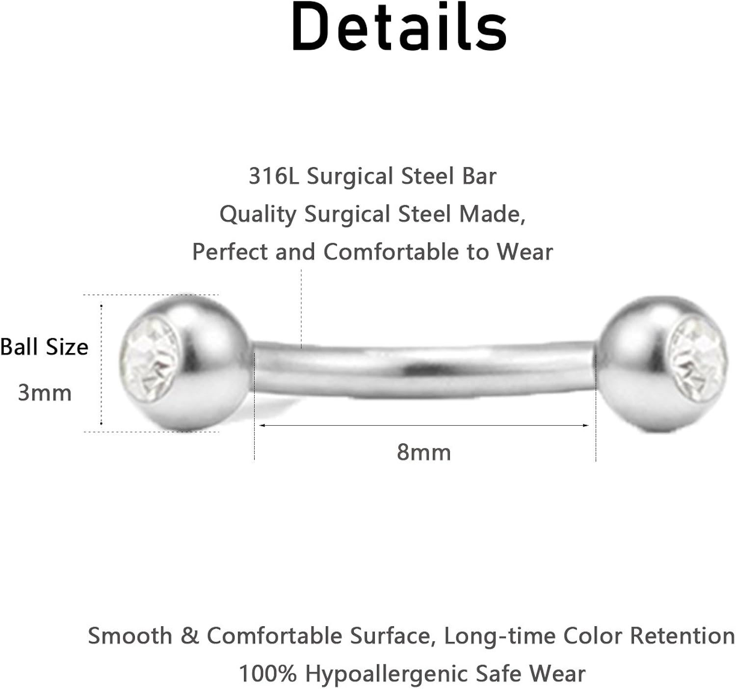 MODRSA Stainless Steel 16G Curved Barbell Piercing Lip Eyebrow Belly Rings Helix Tragus Daith Earrings Piercing 6PCS - Image 5