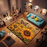 Area Rug,Butterfly Sunflower on Wooden Board Non Slip Mat Area Rug Runners Floor Carpet for Kitchen Bedroom Living Room Child