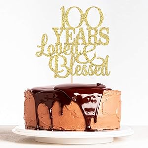 WeBenison Gold Glitter 100 Years Blessed & Loved Cake Topper 100th Birthday Cake Topper Marriage Anniversary Birthday Party Decoration Supplies