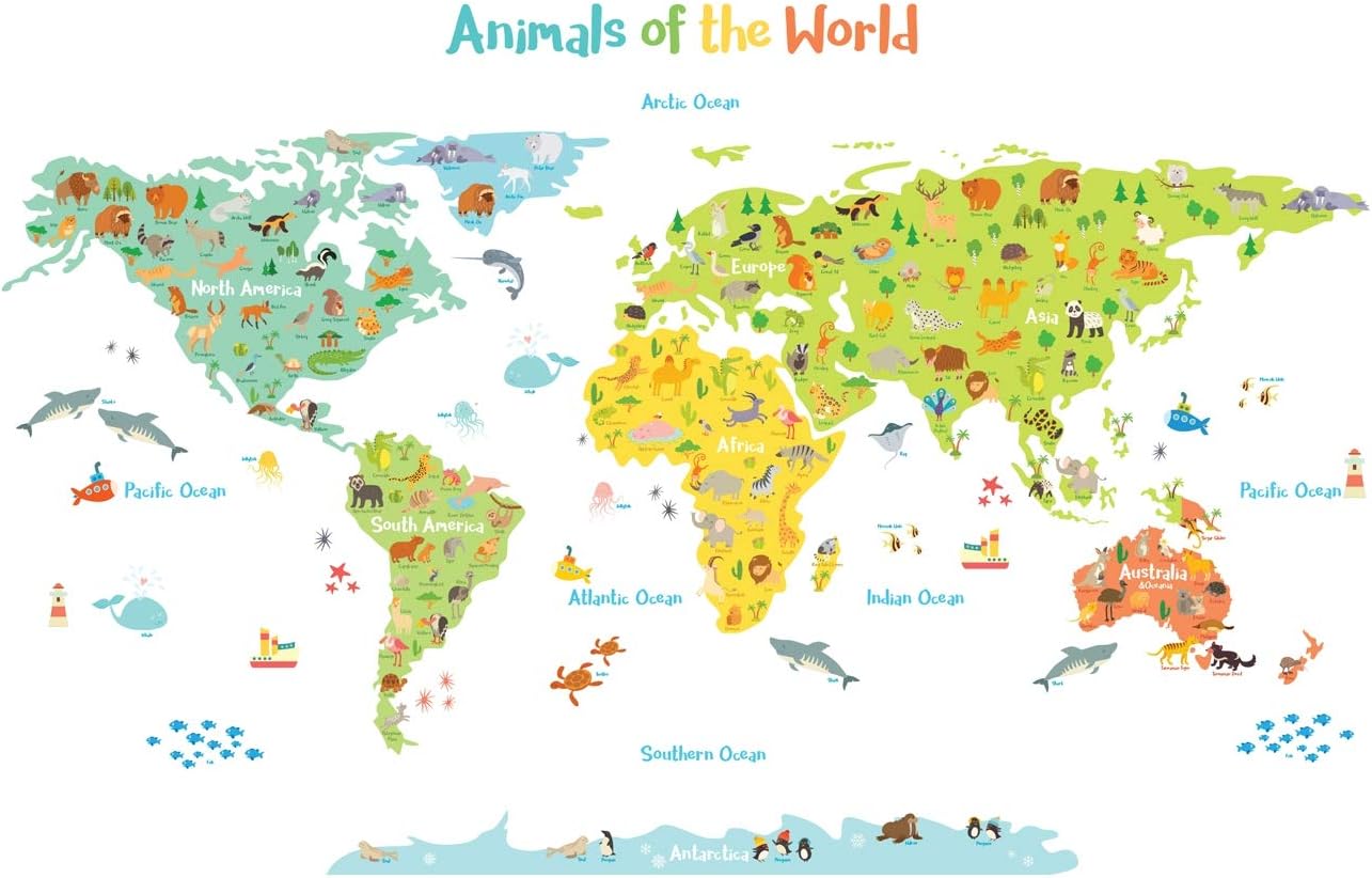 DECOWALL DL-1815 Animals of the World Kids Wall Stickers Wall Decals Peel and Stick Removable Wall Stickers for Kids Nursery Bedroom Living Room décor