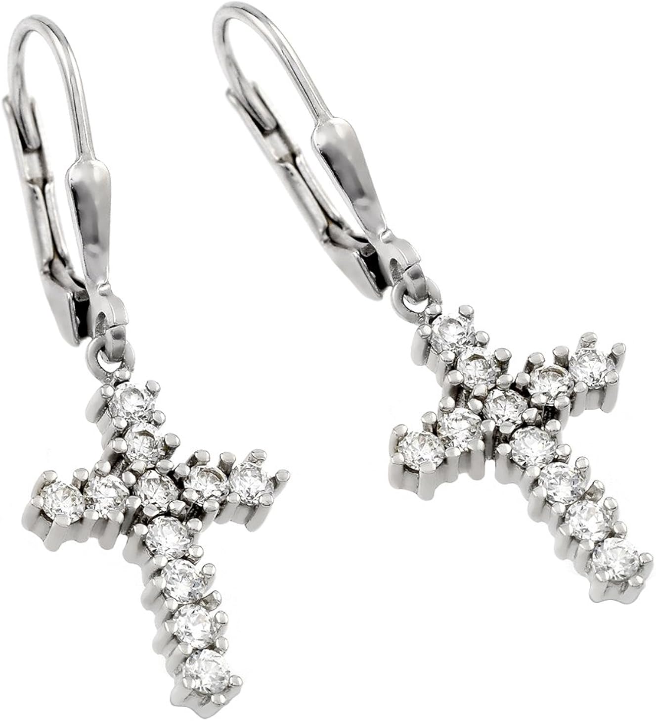 Sterling Silver Rhodium Plated Dangling Cz Cross Leverback