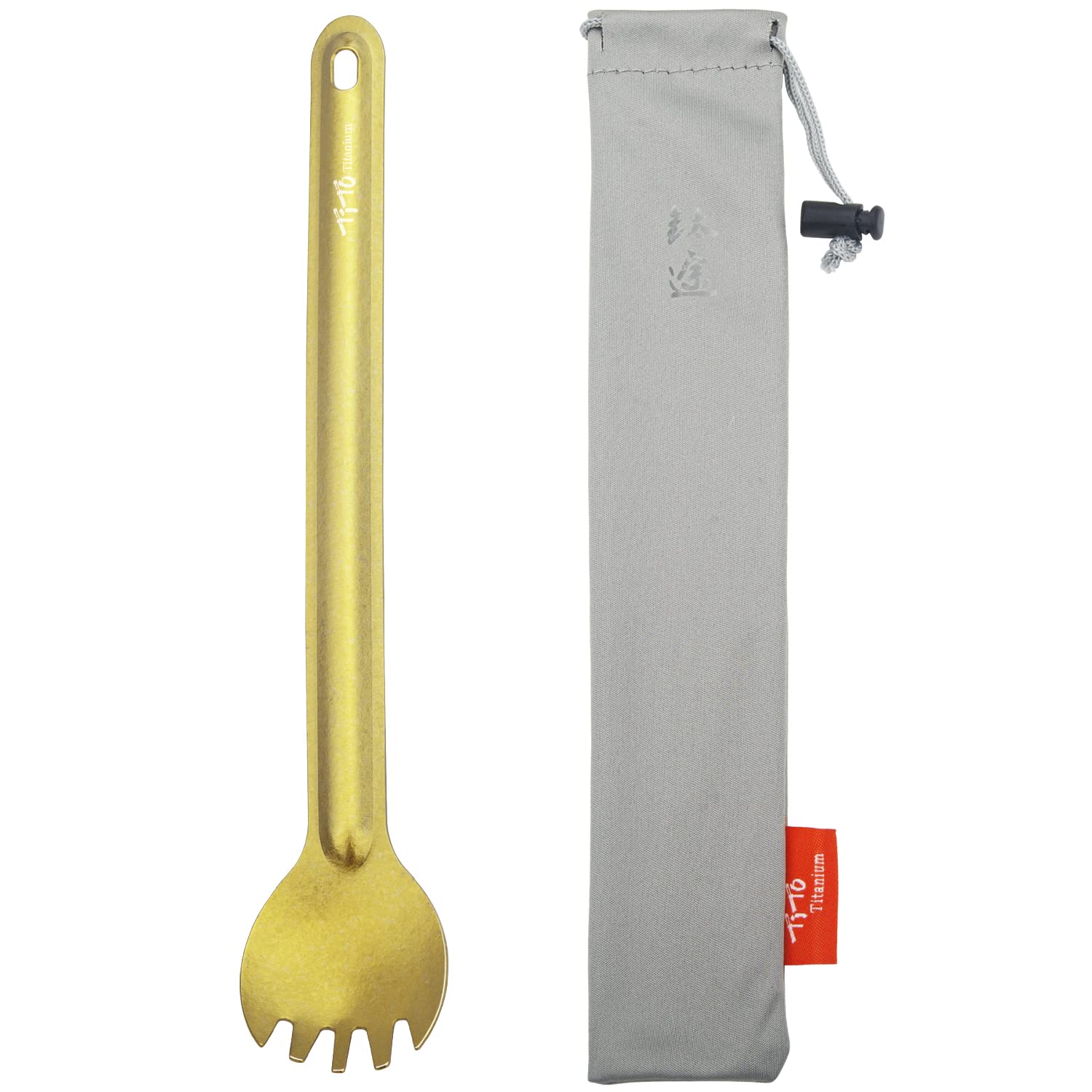 TiTo Titanium Long Handle Spork and Spoon Eco-Friendly Ultralight Portabale Flatware for Outdoor Camping Backpacking Hiking Travel Picnic Tableware with Bag(Gold Spork)