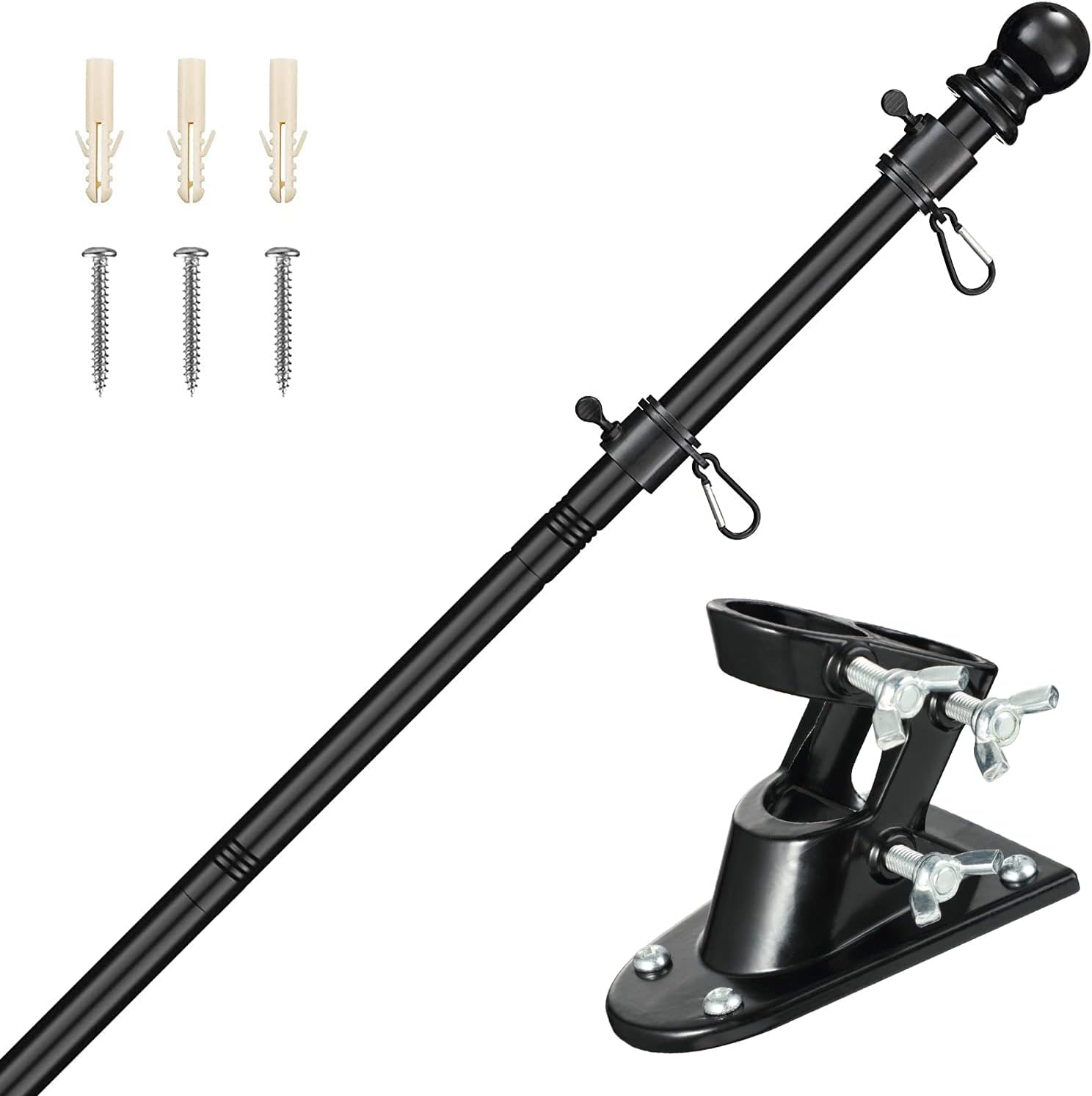 Flagpole Hardware - Black Flag Pole for House - 5FT Flagpole Kit for American Flag - 3x5 Flag Heavy Garden flagpole-Professional Metal Flag Pole for House Garden Yard Residential or Commercial Two-Position Bracket