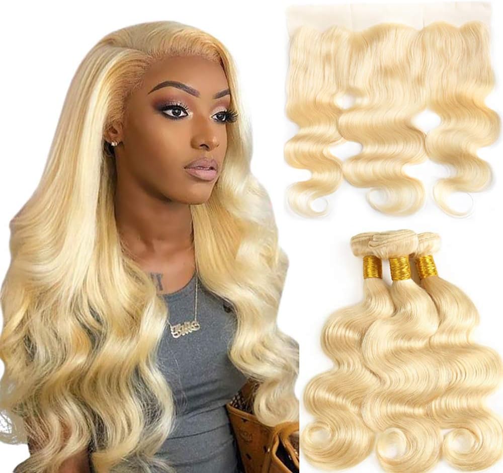 Yousigoo 613 Blonde Human Hair 3 Bundles with Frontal Brazilian Body Wave with Baby Hair Pre Plucked Lace Frontal Bleached Knots Ear to Ear Virgin Human Hair Weave with Lace Frontal (24 24 24+20)