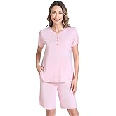 NACHILA Pajamas for Woman-Viscose Made from Bamboo,Short Sleeve Pajama Shorts Set Crew Neck Sleepwear Pleated Pjs Soft Top