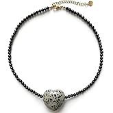 MEVOME Chunky Heart Pendant Natural Stone Beaded Necklace, 18K Gold Plated Stainless Stone Precious Gemstone Peach Heart Women Bead Choker Jewelry Gift for Birthday Holidays Christmas New Year