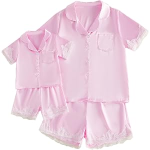 FULA-bao Mommy and Me Silk Pajamas Sets Lace Trim Satin Button Down Shirt Tops and Shorts Mama and Me Matching Sleep Pjs Set
