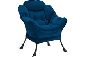 Youtanic Lazy Chair Thick Padded, Accent Chair Velvet Upholstered with Wide Seat, Stable Metal Frame and Non-Slip Pad, Modern Sofa Armchair with Side Storage Bag for Dorm, Room, Office, Blue