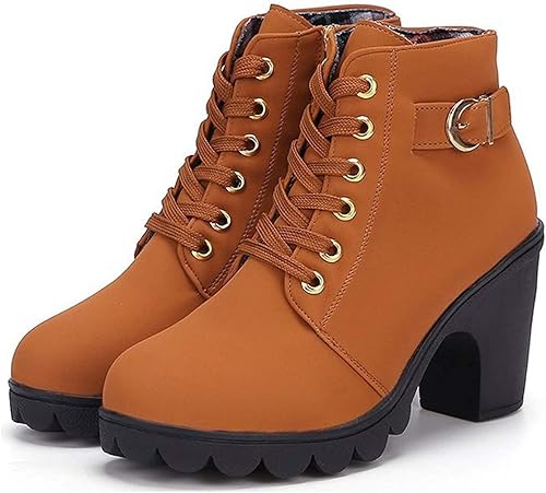 Amazon Wanghong レディース サイド ジッパー 付 レースアップ ヒール ショート ブーツ ブーティ 秋冬 ブーツ ブーティ
