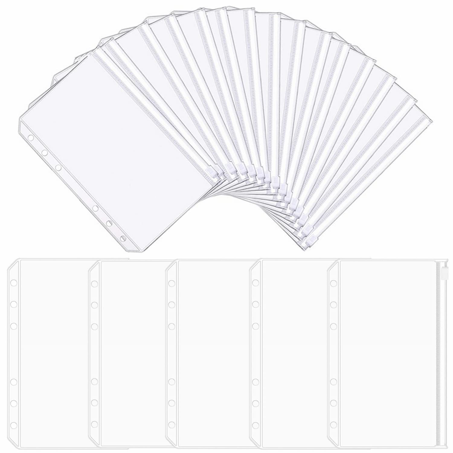 Pack of 20 A6 Binder Bags, Transparent PVC 6 Holes Binder Pockets, Zip Folder, Waterproof Money Budget Envelopes for A6 Binder, Budget Notebook, Envelopes, Planner, Loose Leaf Bags