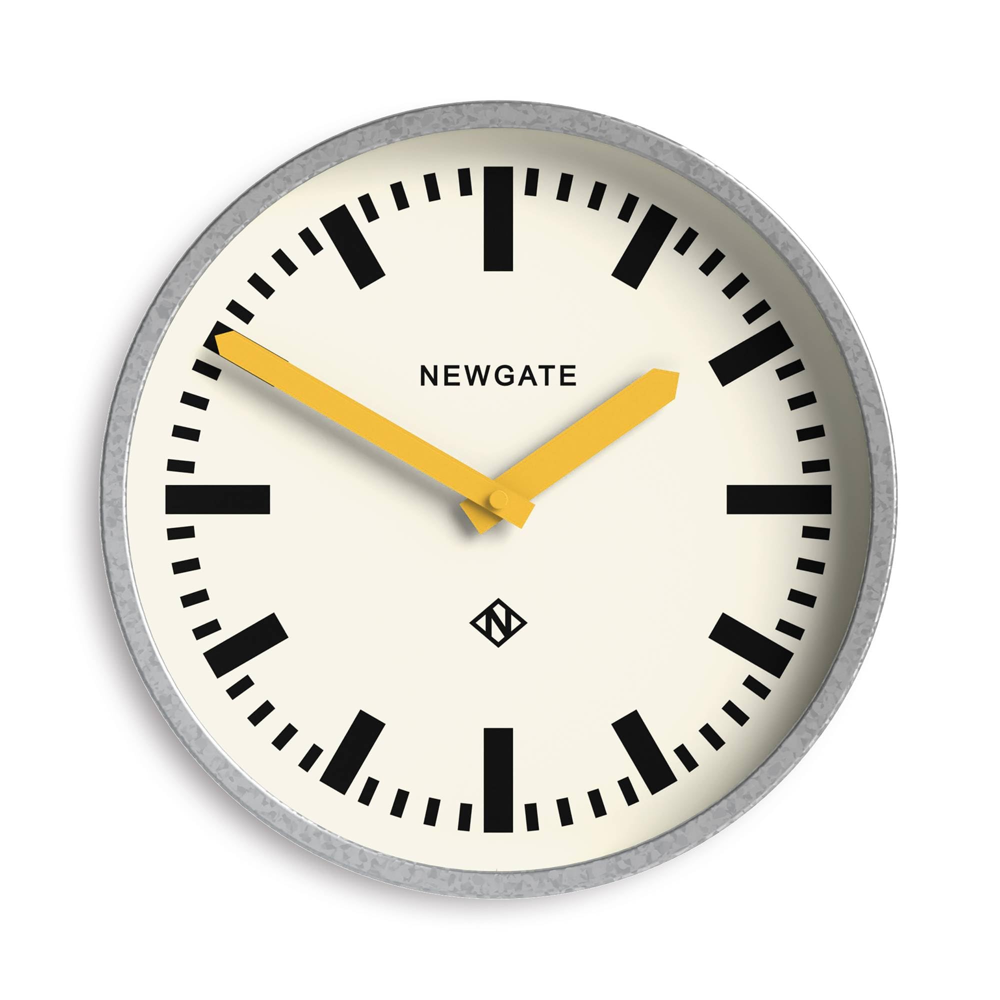NEWGATE® Luggage wall clock | Modern retro metal station clock | 30cm | Deep galvanised metal case with yellow hands | Contemporary vintage style for kitchen, living room or office