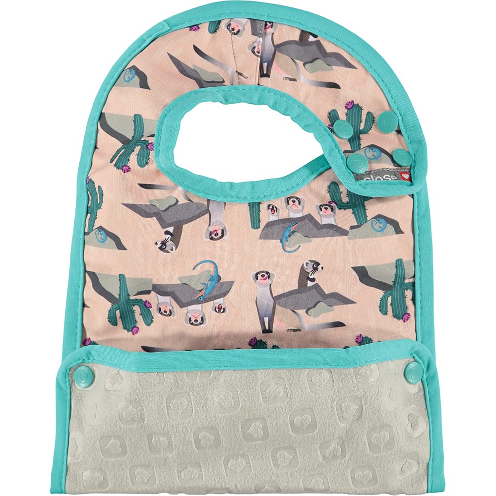 Close Pop-in 6Plus Months Old Baby Dribble Bibs Unisex Waterproof Stain Resistant Simply Wiped with Crumb Catcher | Stage 2 Ferret Print