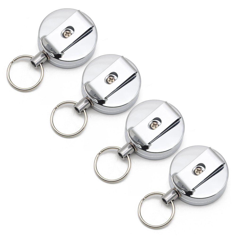 TONSHEN Stainless Steel Retractable Badge Holder Portable Beel Clip with Key Ring for Key ID Card Holders 4 Pieces