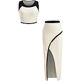 winkbay Women's 2 Piece Going Out Outfits Crew Neck Crop Tank Top and High Slit Maxi Skirt Ribbed Knit Sets