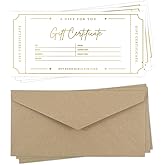 Blank Gift Certificates with Envelopes, 3.5" x 7.25" Blank Gift Certificates for Business, Christmas Gifts, Salon, Spa, Birthday, Mother’s Day or Holiday Gifting, 25 Custom Cards (Gold)