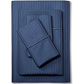 Feather & Stitch 500 TC King Size Damask Bed Sheet Set, 100% Cotton Soft Breathable Bedsheets, 4 Piece 18" Deep Pockets Sateen Weave Striped Bedding Mattress Resort Hotel - (Dark Blue Stripe)