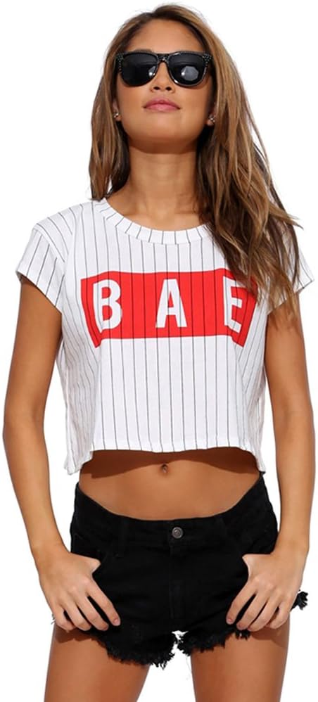 FV RELAY Women's Loose Fit Sexy Striped Tee Shirts Summer Short Sleeve Crop Top