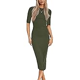 REVETRO Women's Spring Midi Bodycon Dresses Fall 3/4 Long Sleeve Crewneck Ribbed Knit Fitted Casual Dress