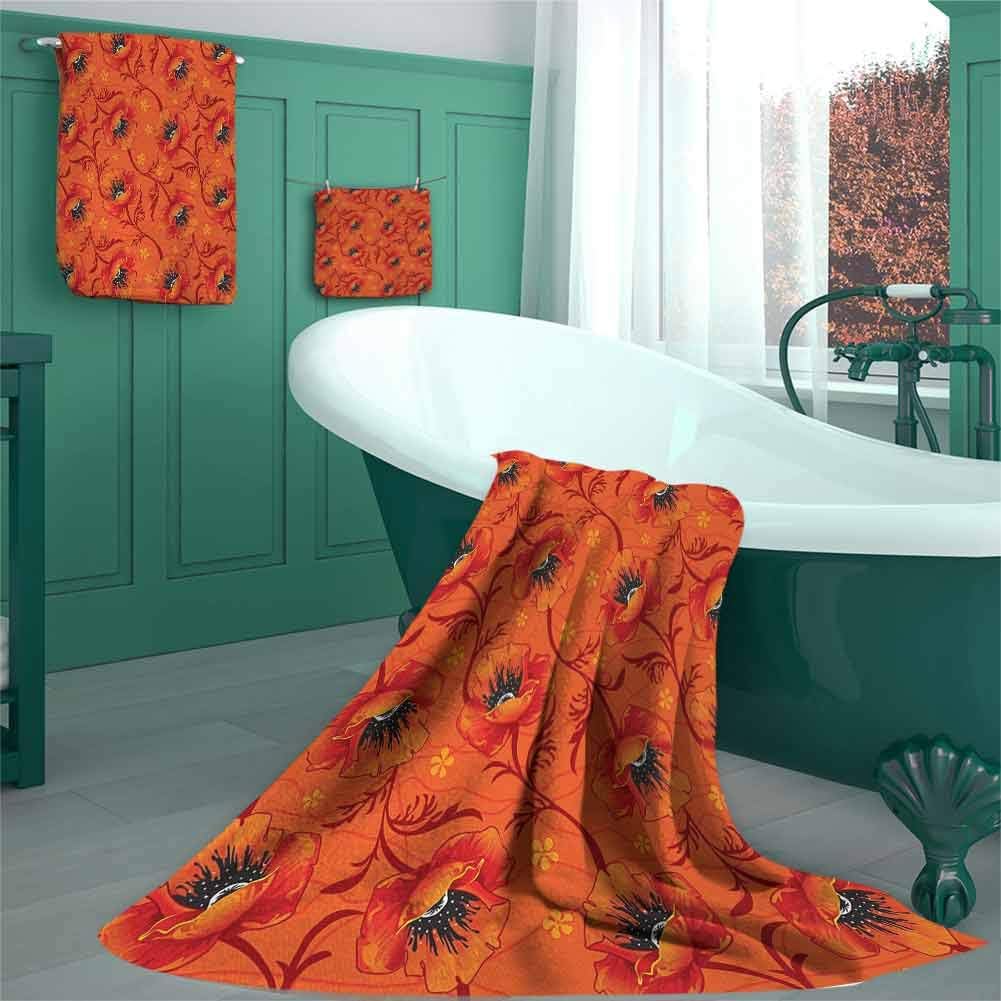 Orange Luxury Decorative European Bath Towel(3Piece), Poppy Flower Series Blossoms