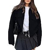 hathne Women's Wool Coat Casual Copped Bomber Jacket Zip Up Fall Shacket Coat Outerwear with Pockets