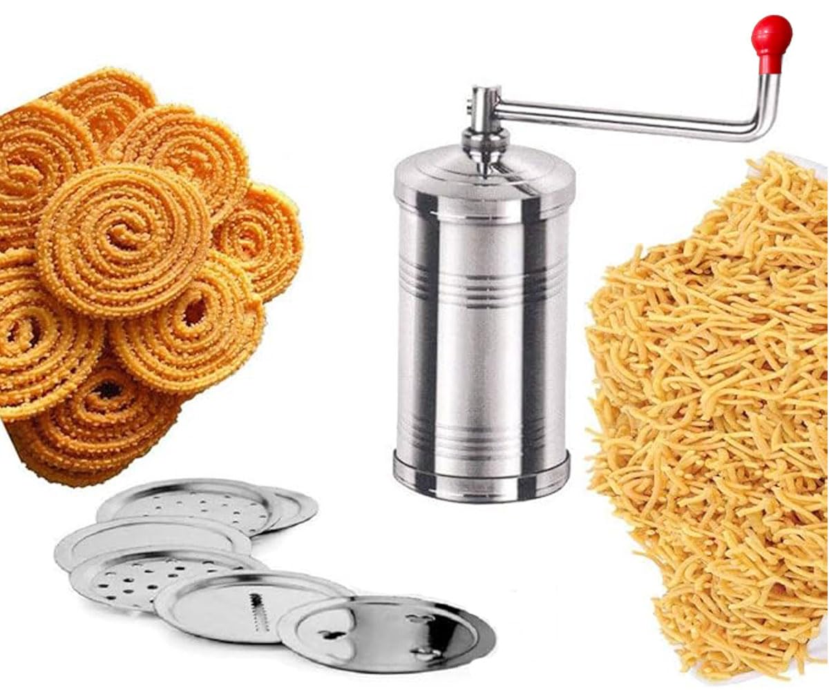 Stainless Steel Pasta Maker,Stainless SteelSev Maker,Stainless Steel Murukulu With 6 Different Jali,Silver